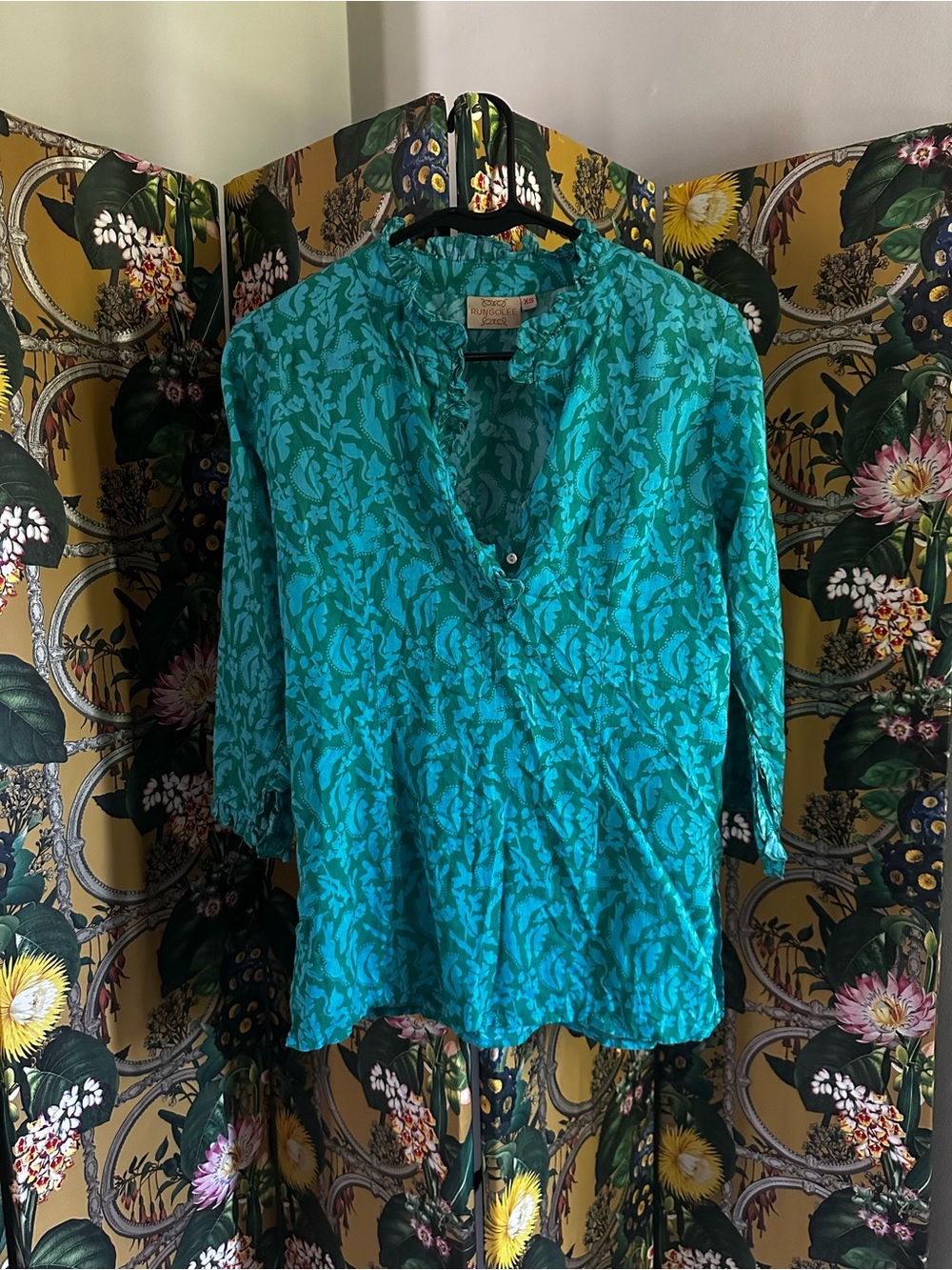 Rungolee Floral 100% Cotton Women's Teal Printed V-Neck Blouse XS